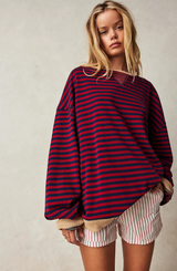 Autumn Collection : Pull Femme Ample Coton Marine Bleu Rayé in Noir Rouge van Seroa