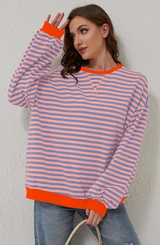 Autumn Collection : Pull Femme Ample Coton Marine Bleu Rayé in Orange Bleu van Seroa