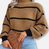 Pulls pour femmes : Pull Femme Col Roulé Décontracté Rayé in Marron van Seroa