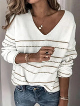 Autumn Collection : Pull Femme Col V Rayé Décontracté Autumn Collection in Blanc van Seroa