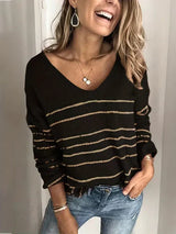 Autumn Collection : Pull Femme Col V Rayé Décontracté Autumn Collection in Noir van Seroa