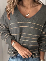 Autumn Collection : Pull Femme Col V Rayé Décontracté Autumn Collection in Gris van Seroa