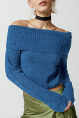 Autumn Collection : Pull Femme Élégant Épaules Dénudées in Bleu van Seroa