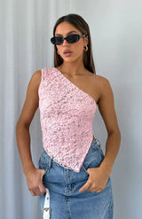 top blouses : Crop Top Femme Élégant Dentelle Vert Asymétrique in Rose van Seroa