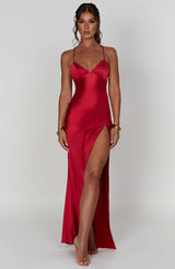 Robes : Robe Longue Femme Satin Été Fluide Maxi Élégante in Rouge van Seroa