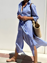 Robes : Robe longue femme rayée décontractée en coton pour été et plage in Bleu van Seroa