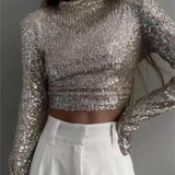 top blouses : Top Court Élégant à Manches Longues et Sequins Femme in Argent van Seroa
