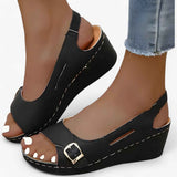 Sandals : Sandales Confortables Femme en Cuir Noir à Talon Compensé Bas - Idéales pour l'Été in van Seroa