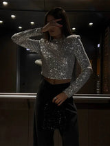 top blouses : Top Court Élégant à Manches Longues et Sequins Femme in van Seroa