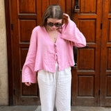 top blouses : Blouse Femme Chemise Lin Verte Manches Longues Col V Vert in Rose van Seroa