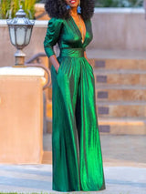 dresses : Combinaison Émeraude Métallique à Jambes Larges Fluide Femme in Vert van Seroa