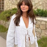 top blouses : Blouse Femme Chemise Lin Verte Manches Longues Col V Vert in van Seroa