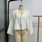 top blouses : Blouse Femme Chemise Lin Verte Manches Longues Col V Vert in van Seroa