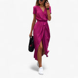 Dresses : Robe Élégante Femme Nery avec Col en V Profond, Robe de Soirée d'Été Décontractée in Rose rouge van Seroa
