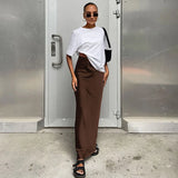 skirts : Jupe Maxi en Satin avec Taille Haute Femme in Marron van Seroa