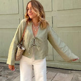 top blouses : Blouse Femme Chemise Lin Verte Manches Longues Col V Vert in van Seroa