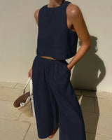 other : Ensemble lin femme décontracté 2 pièces, pantalon large et top élégant in Bleu marine van Seroa