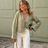 top blouses : Blouse Femme Chemise Lin Verte Manches Longues Col V Vert in van Seroa