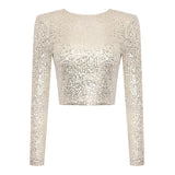 top blouses : Top Court Élégant à Manches Longues et Sequins Femme in Beige van Seroa