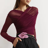 top blouses : Top croisé en tulle, Manches Longues et Ajusté Femme in Rouge van Seroa