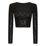 top blouses : Top Court Élégant à Manches Longues et Sequins Femme in Noir van Seroa