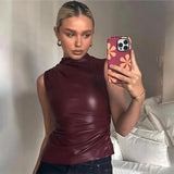 top blouses : Débardeur Femme sans Manches Vintage Cuir Ajustée in Rouge van Seroa