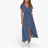 Dresses : Robe Élégante Femme Nery avec Col en V Profond, Robe de Soirée d'Été Décontractée in Bleu van Seroa