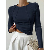 top blouses : Top Femme Manches Longues Tendance Côtelé in Bleu marine van Seroa