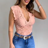 top blouses : Haut Femme en Dentelle Col V Sans Manches in Rose van Seroa