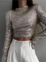 top blouses : Top Court Élégant à Manches Longues et Sequins Femme in van Seroa