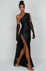 dresses : Robe de soirée en satin, asymétrique avec fente haute Femme in van Seroa