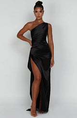 dresses : Robe de soirée en satin, asymétrique avec fente haute Femme in van Seroa
