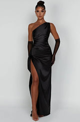 dresses : Robe de soirée en satin, asymétrique avec fente haute Femme in Noir van Seroa