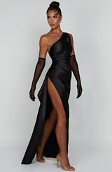 dresses : Robe de soirée en satin, asymétrique avec fente haute Femme in van Seroa
