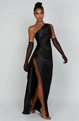 dresses : Robe de soirée en satin, asymétrique avec fente haute Femme in van Seroa