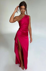 dresses : Robe de soirée en satin, asymétrique avec fente haute Femme in van Seroa