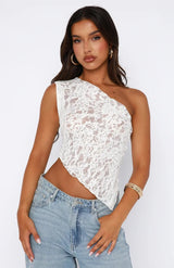top blouses : Crop Top Femme Élégant Dentelle Vert Asymétrique in Blanc van Seroa