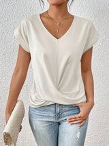 top blouses : Blouse Femme Manches Courtes Col V Décontracté Drapé in Blanc van Seroa