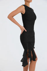 dresses : Robe de cocktail femme noire asymétrique à volants élégants - in van Seroa