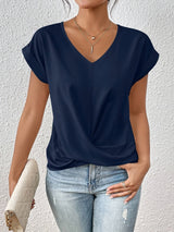 top blouses : Blouse Femme Manches Courtes Col V Décontracté Drapé in Bleu van Seroa