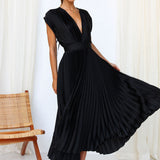 dresses : Robe Midi Fluide Plissée Col V Femme - Idéale Été, Cérémonie, Élégante in van Seroa