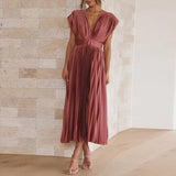 dresses : Robe Midi Fluide Plissée Col V Femme - Idéale Été, Cérémonie, Élégante in van Seroa