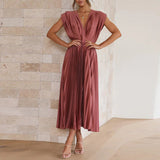 dresses : Robe Midi Fluide Plissée Col V Femme - Idéale Été, Cérémonie, Élégante in Rose rouge van Seroa