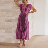 dresses : Robe Midi Fluide Plissée Col V Femme - Idéale Été, Cérémonie, Élégante in van Seroa