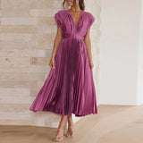 dresses : Robe Midi Fluide Plissée Col V Femme - Idéale Été, Cérémonie, Élégante in Lila van Seroa