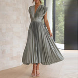 dresses : Robe Midi Fluide Plissée Col V Femme - Idéale Été, Cérémonie, Élégante in van Seroa