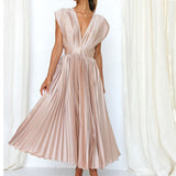 dresses : Robe Midi Fluide Plissée Col V Femme - Idéale Été, Cérémonie, Élégante in Champagne van Seroa