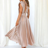dresses : Robe Midi Fluide Plissée Col V Femme - Idéale Été, Cérémonie, Élégante in van Seroa