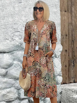 dresses : Robe Midi Fleurie Légère à Col en V avec Poches Femme in Beige sable van Seroa