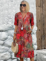 dresses : Robe Midi Fleurie Légère à Col en V avec Poches Femme in Rouge van Seroa